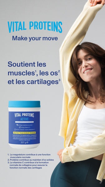 This creative showcases a collagen supplement bottle alongside a person in a dynamic pose to visually link the product to movement and active health benefits.